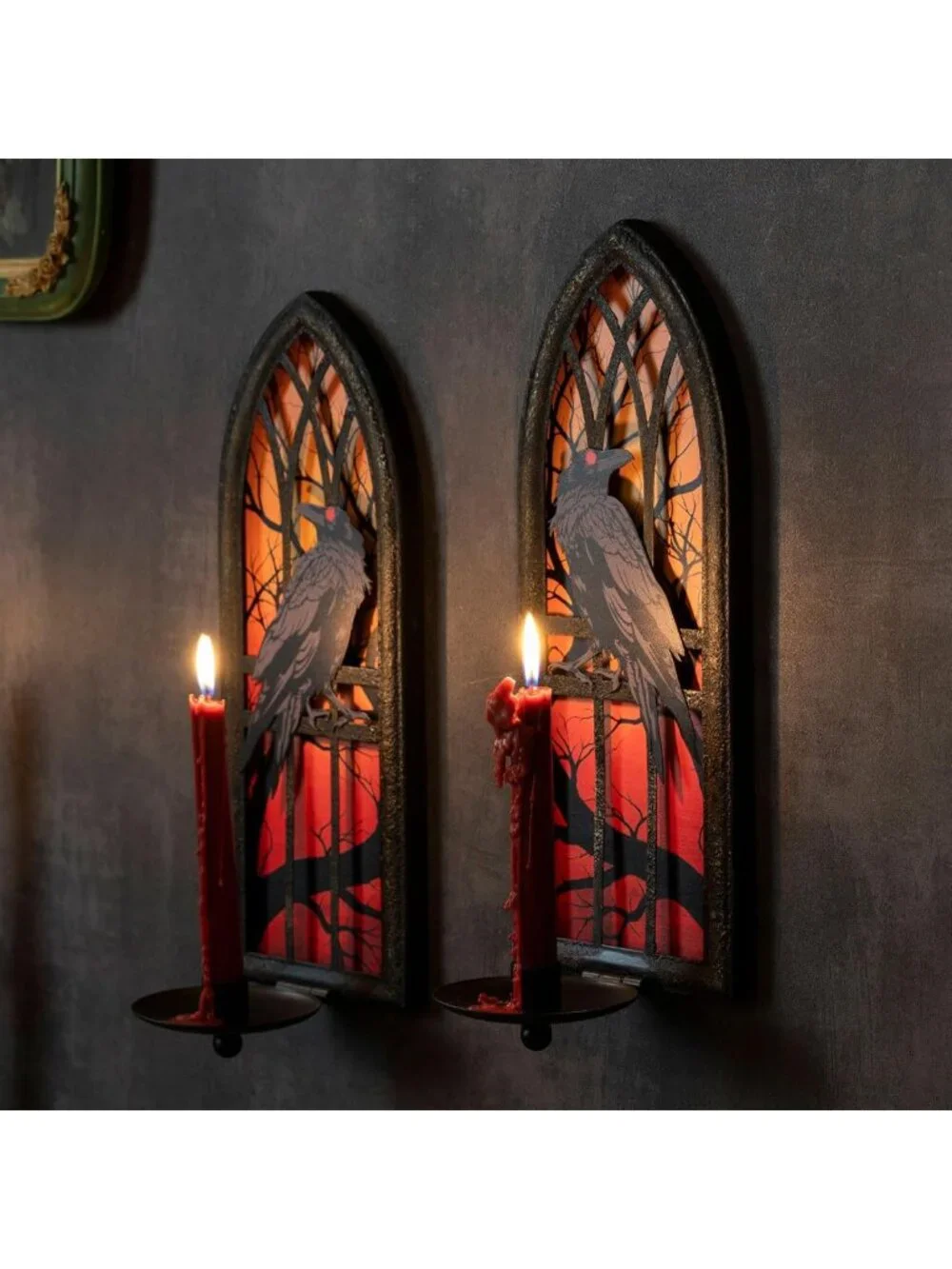 Gothic Wall Candle Sconces Set of 2 - Wrought Iron Candelabra Holders for Taper